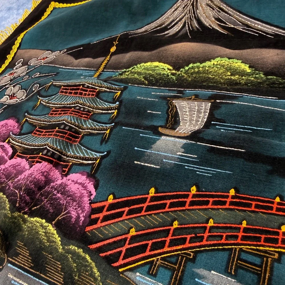 Vintage Japanese Velvet Tapestry Mt Fuji Pagoda Fringe Wall Hanging 18x18